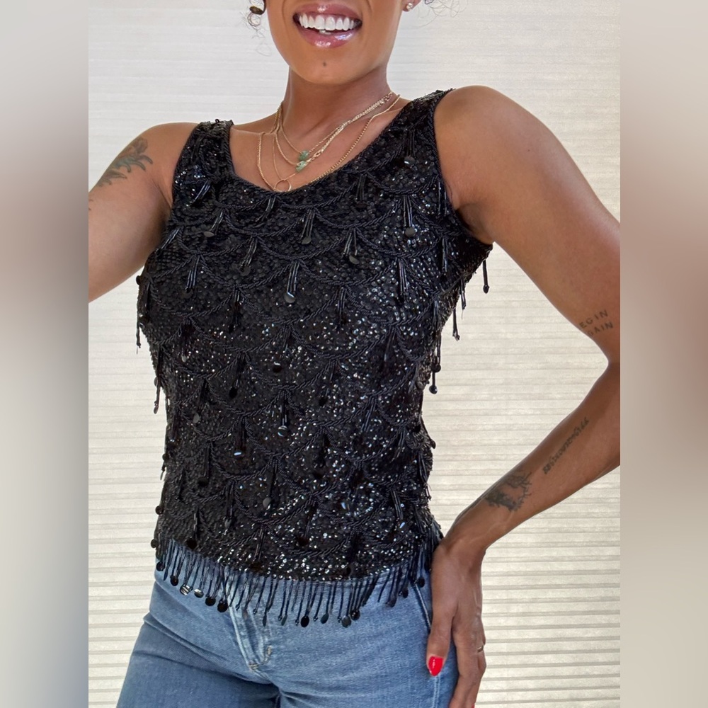 Recalia Imports Vintage Sequin & Fringe Beaded Blouse